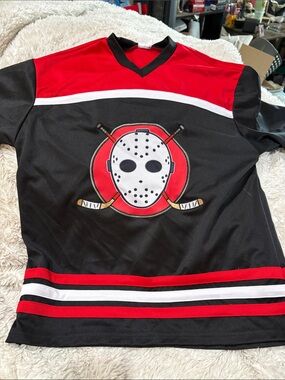 Spirit Black and Red Hockey Jersey Top with Mask Graphic
